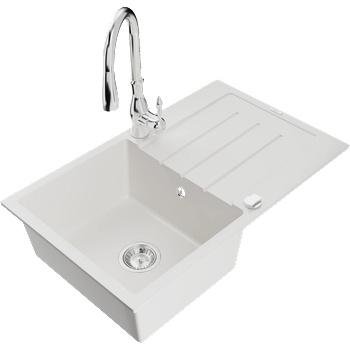 Mexen Bruno гранитна мивка 1-камерна с отцедник и кухненски смесител Savita, бяла - 6513-20-672601-00 (6513-20-672601-00)