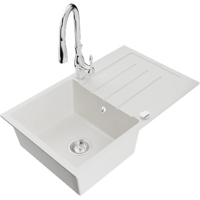 Mexen Bruno гранитна мивка 1-камерна с отцедник и кухненски смесител Savita, бяла - 6513-20-672601-00 (6513-20-672601-00)