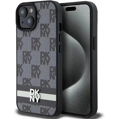 DKNY Кейс DKNY Leather Checkered Mono Pattern & Printed Stripes за iPhone 15/14, черен (3666339263195)
