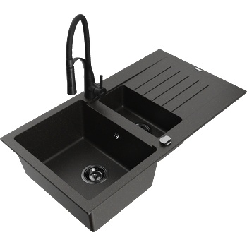 Mexen Matias гранитна мивка 1, 5-камерна с отцедник и кухненски смесител Aster, черен/златен металик - 6502-75-73450-70-B (6502-75-73450-70-B)