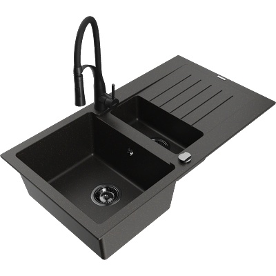 Mexen Matias гранитна мивка 1, 5-камерна с отцедник и кухненски смесител Aster, черен/златен металик - 6502-75-73450-70-B (6502-75-73450-70-B)