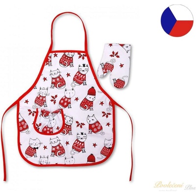 Sleep-well Dětská sada zástěrka + Chňapka kočky lemovaná červeně