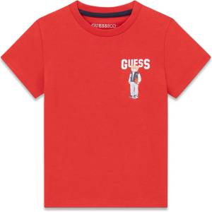 GUESS Червена тениска за мини момче с бял надпис Guess и малко мече