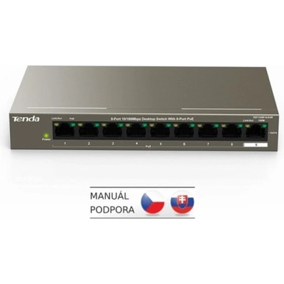 Tenda TEF1109P-8-63W PoE AT switch 8x PoE 802.3af/at, 9x 100Mb/s, PoE+ celkem 58W, fanless