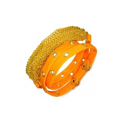 Šperky eshop náramok z umelej kože retiazky zlatej neónovo oranžový vybíjaný pás AB1.08