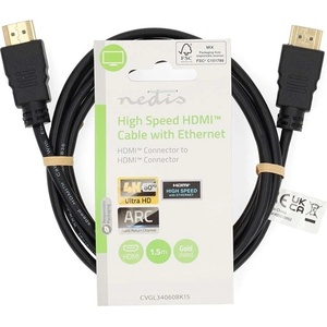Nedis CVGL34060BK150 ultra HD HDMI кабел, HDMI щепсел - щепсел, 4K60Hz, ARC, 18 Gbps, позлатени конектори, дължина 15 м (CVGL34060BK150)