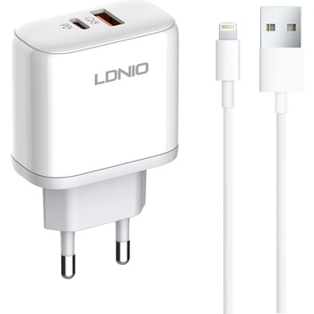 LDNIO Мрежово зарядно устройство LDNIO A2526C, 45W, 1 x Type-C F, 1 x USB F, PD, QC, PPS, С Lightning кабел , Бял - 40285 (40285)