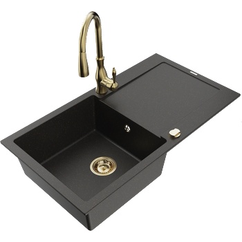 Mexen Leo кухненска мивка гранитна с 1 камера, с отцедник и кухненски смесител Savita, черен/златен металик - 6501-75-672601-50 (6501-75-672601-50)