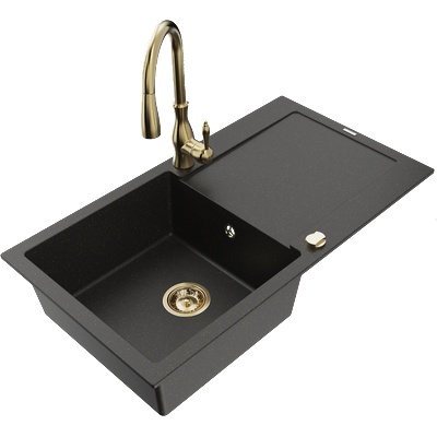 Mexen Leo кухненска мивка гранитна с 1 камера, с отцедник и кухненски смесител Savita, черен/златен металик - 6501-75-672601-50 (6501-75-672601-50)