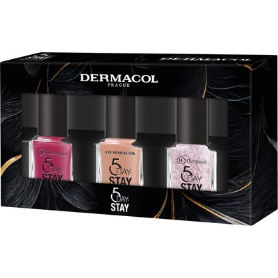 Dermacol 5 Day Stay 51 Daylight dlhotrvajúci lak na nechty 11 ml + 38 Cherry Blossom dlhotrvajúci lak na nechty 11 ml + Lucky Charm dlhotrvajúci lak na nechty 11 ml kozmetická sada