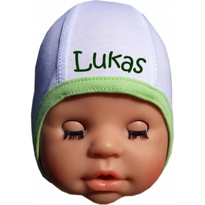 Kojenecká čiapka BABY s menom biela s farebným lemom Farba: tyrkysová