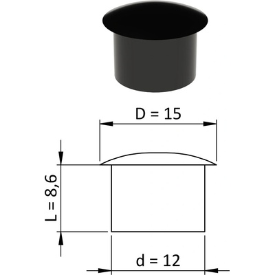 Vnútorná krytka guľatá ø 15 mm, otvor ø 12 mm, čierna, plast