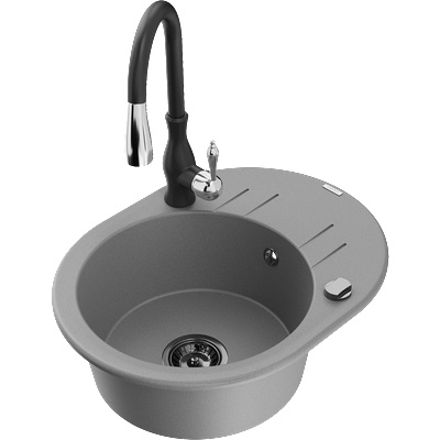 Mexen Kevin гранитна кухненска мивка с една камера с отцедник и кухненски смесител Savita, сив - 6517-71-672601-70-B (6517-71-672601-70-B)