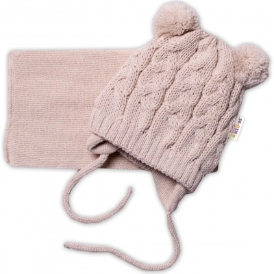 Baby Nellys Zimná pletená čiapočka s šálom TEDDY béžová s brmbolcami