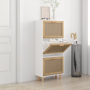 vidaXL Шкаф за обувки, бял, 52x25x115 см, инженерно дърво и ратан (345648)
