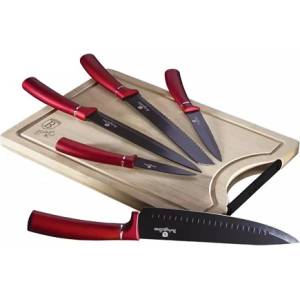 Berlinger Haus BH/2552NO с бамбукова дъска за рязане, Metallic Line Burgundy Edition Комплект ножове от 6 части (BH/2552NO)