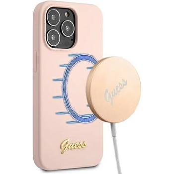 GUESS Калъф Guess GUHMP13XLSLMGLP Silicone Script Gold Logo Magsafe, за iPhone 13 Pro Max, светъл, розов (GUE001802-0)