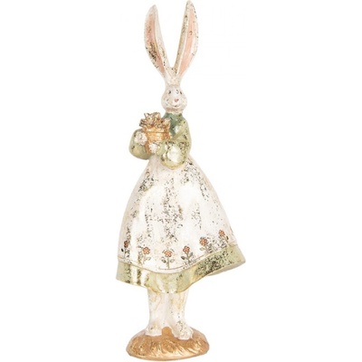 Dekorace ve vintage stylu zaječice hospodyně v zelenobílých šatech s patinou – 12x9x33 cm