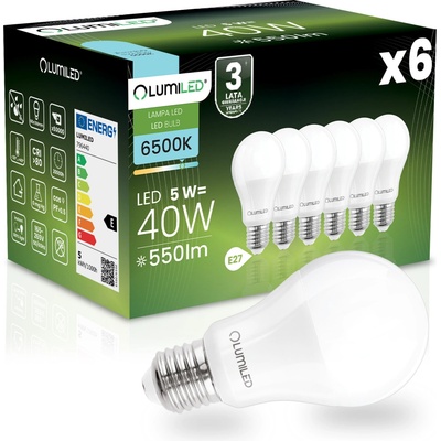 Lumiled 6x LED žiarovka E27 A60 5W = 40W 470lm 6500K Studená biela 260°