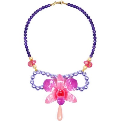 Dannyra Колие с естествена орхидея, аметист, стъклени мъниста и перли Майорка Purple Beauty Dannyra Jewels