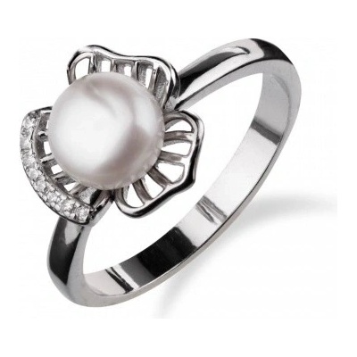 Meucci Stříbrný prsten s kytkou a perlou uprostřed se zirkony SP72R