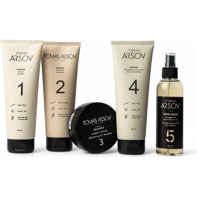 Tomas Arsov Péče o barvené vlasy BONFIRE Šampon 250 ml + Oplachový kondicionér 250 ml + Bezoplachový kondicionér 250 ml + BALANCE obnovující maska 100 ml + HAIR LIQUID Keratin. voda 200 ml set