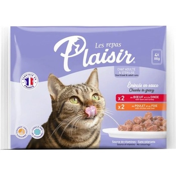 Plaisir cat pro dospělé i sterilizované kočky 2 x hovězí 2 x kuřecí NEW 4 x 85 g