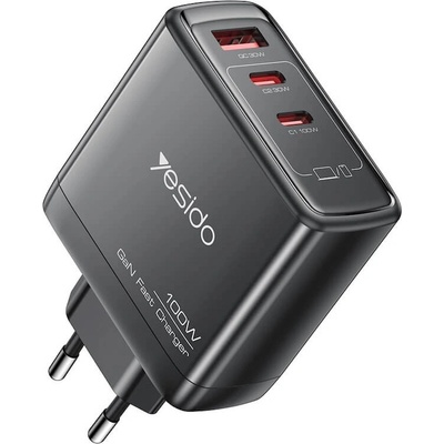 YESIDO Захранване за ел. мрежа за лаптопи, смартфони и таблети с 2xUSB-C и 1xUSB-A изходи - Yesido YC142 GaN Fast Wall Charger 100W (черен) (YC142 (KF2354335))