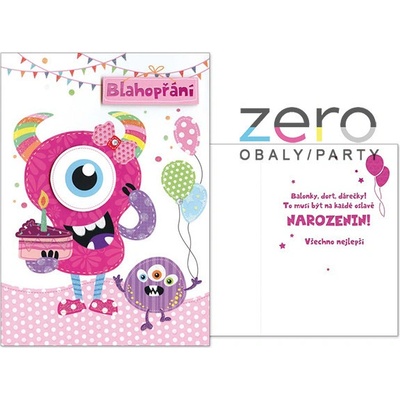 Přání s textem narozeninové dětské + obálka - příšerky