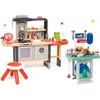 Smoby Set restaurace s elektronickou kuchyňkou Chef Corner Restaurant a zvěrolékařský vozík s infuzí a pejskem