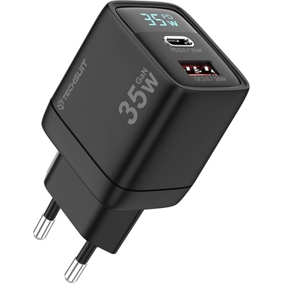 Techsuit - Зарядно за стена LEDChargX (CH3) - Type-C, USB, GaN технология, бързо зареждане, LED дисплей, PD35W - Черно