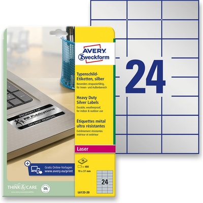 Avery Zweckform L6133-20 stříbrné PET etikety 70,0 x 37,0 mm 480 etiket