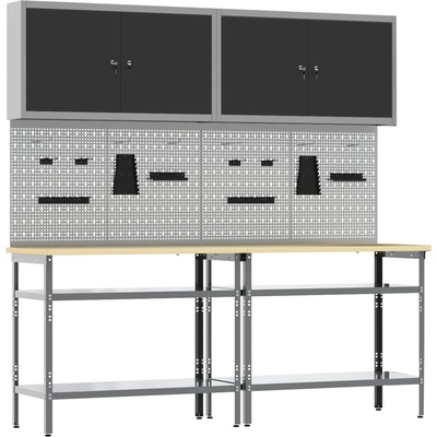 vidaXL Комплект работна маса с рафт със съхранение 8 pcs Черен и Сив (3321500)