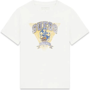 GUESS Бяла тениска за момче с лого и надпис Guess в жълто и синьо