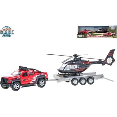 Kids Globe Traffic auto terénní 13 cm kov na zpětný chod s přívěsem + vrtulníkem 20 cm