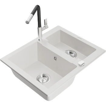 Mexen Carlos мивка от гранит 1, 5-камерна с кухненски смесител Flora, бяла - 6518-20-670401-07 (6518-20-670401-07)