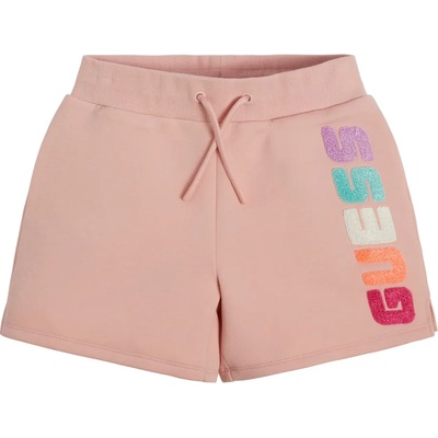 Guess Трикотажни къси панталонки за момиче с многоцветен надпис Guess в бледо розово