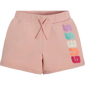 Guess Трикотажни къси панталонки за момиче с многоцветен надпис Guess в бледо розово