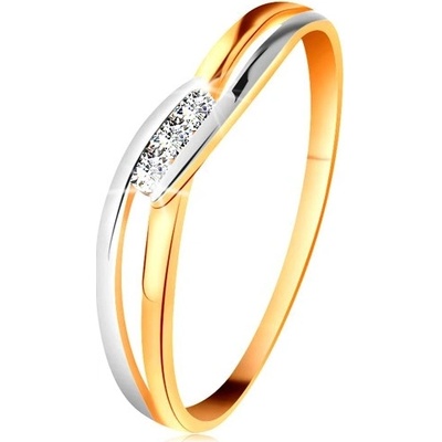 Šperky Eshop diamantový prsten ze zlata tři čiré brilianty rozdělená zvlněná ramena BT178.80