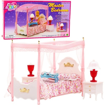 LeanToys Sada nábytku pro panenky: postel s nebesy, noční stolky, lampy