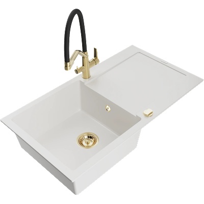 Mexen Leo гранитна кухненска мивка с едно корито и отцедник и кухненски смесител Duo, бял - 6501-20-671701-57-G (6501-20-671701-57-G)