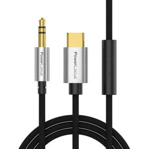 PowerLocus Аудио кабел PowerLocus - 3.5 mm/USB-C + MIC, 1 m, черен/сребрист (pwl-auxtousb-c-black)
