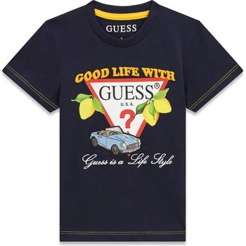 GUESS Тъмносиня тениска за мини момче с цветни надписи, кола и червено лого Guess