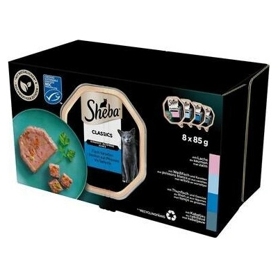 Sheba Classics Rybí Smaki v terině s lososem / bílou rybou a mrkví / tuňákem a zeleninou / treska 8 x 85 g