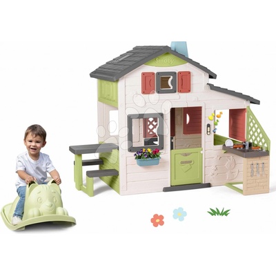 Smoby Set domeček Přátel a houpačka na zem Kočka Friends House Life rozšiřitelný s kuchyňkou a elektronickým zvonkem