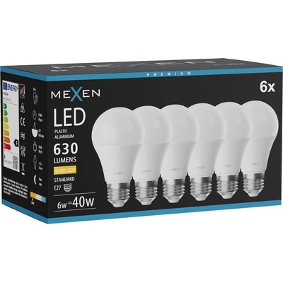 Mexen Nova 6x LED крушка E27, A60, 6W, Топла светлина - 3000K, 630 lm - L100-E27-0630-01x06 (L100-E27-0630-01x06)
