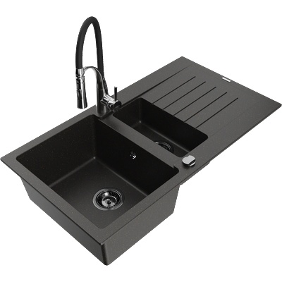 Mexen Matias гранитна мивка 1, 5-коморна с отцедник и кухненски смесител Aster, черен/златист металик - 6502-75-73450-07-B (6502-75-73450-07-B)