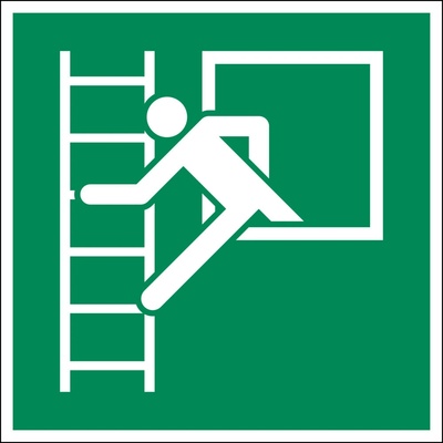 Značka Únikový východ s rebríkom, ISO 7010, fólia, fotoluminiscenčná, samolepka, 150x150 mm, BJ=5 ks