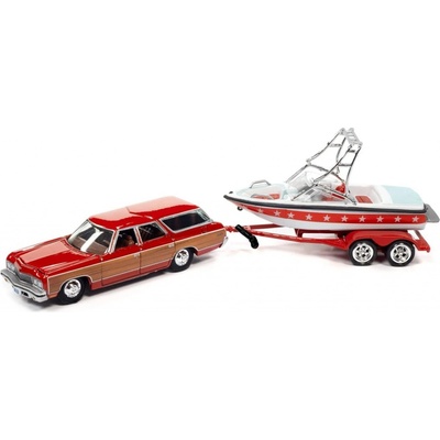 Johnny Lightning Chevy Caprice Wagon & Loď a přívěs červená 1:64