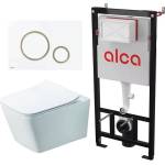 Rune Комплект казанче за WC с вграждаща рамка Alca AM101/1120 и бутон Thin M775, бяло-златно, плюс бяла тоалетна чиния Rune Jorg с капак softclose (AM101/1120+M775+5940541330394)